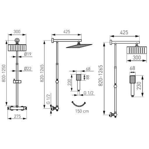 Set coloana dus FERRO Trevi Patrat - 2 in 1 Baterie Dus Termostatica cu Set Dus fix Patrat si Para dus mobila Patrata - imagine 2