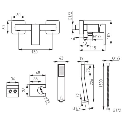 Baterie perete Dus-FERRO,monocomanda,crom,furtun,PARA DUS+SUPORT - imagine 2