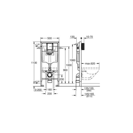 Set 3 in 1 rezervor pentru WC Grohe Rapid SL, 1.13 m, placa de actionare inclusa Skate Air, rezervor de apa GD2, cadru instalare, dubla spalare, Crom - imagine 3