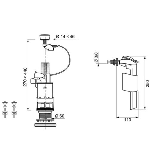 Mecanism Wirquin WC 2", simpla apasare, 3/6litri, alimentare laterala, actionare prin cablu, buton cromat, robinet flotor lateral - imagine 2