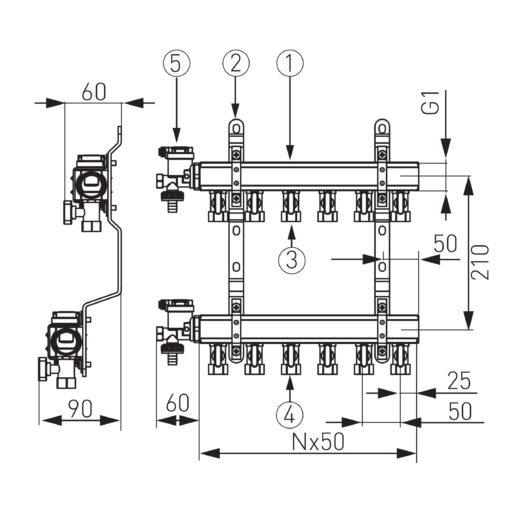 Distribuitor Ferro din alama 1" cu 7 cai , Tur/Retur , complet echipat cu robineti si racorduri 16x1/2 , pentru incalzire radiatoare - imagine 3