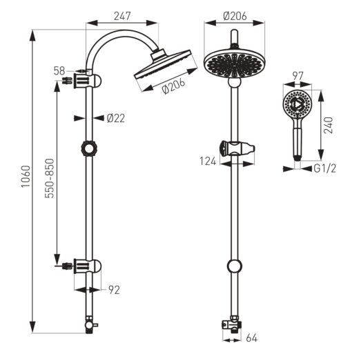 Coloana de dus FERRO, Rondo, Para de dus fixa si mobila, Negru - imagine 3