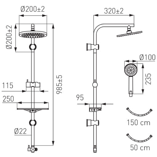 Set bara dus cu suport culisant Ferro, dus fix, para dus mobila VerdeLine, rotondo - imagine 2