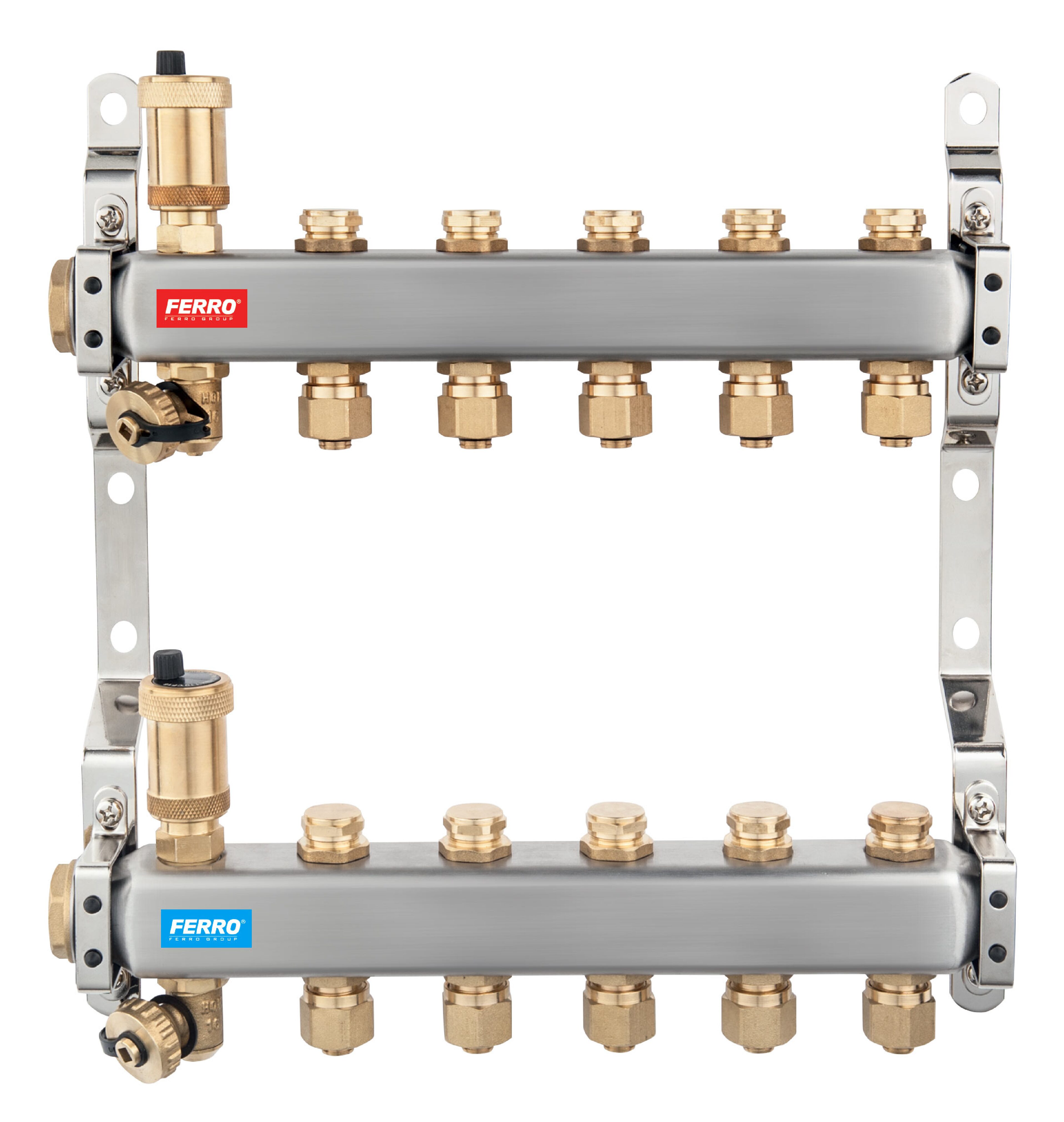 Distribuitor Ferro din INOX 1" cu 5 cai , Tur/Retur , complet echipat cu supape inchidere si racorduri 16x1/2 , pentru incalzire radiatoare