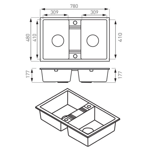 Set Chiuveta Ferro 2 cuve 780x480 mm, grafit, Baterie Ferro pipa flexibila Zumba Slim 2F negru si Dozator detergent - imagine 3