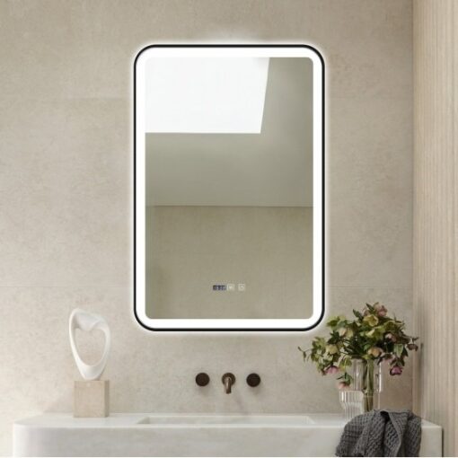 Oglinda baie cu iluminare Led, Rama neagra, sistem dezaburire, ceas, termometru si intrerupator Touch, 60x90 cm