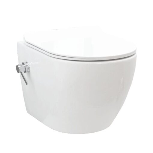 Set vas WC cu functie bideu, suspendat, Tempo Oval White, capac Duroplast cadere lenta si baterie bideu