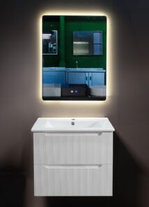 Set mobiler baie alb cu lavoar ceramic si oglinda led 60 cm
